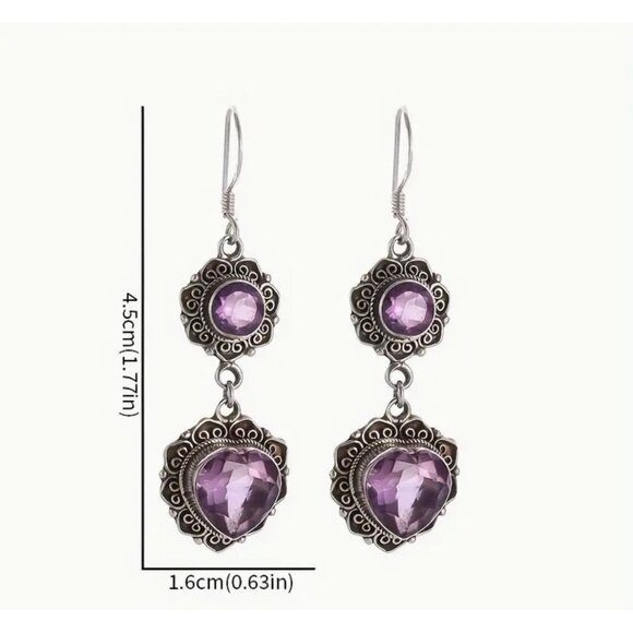 Vintage-Inspired Amethyst Glass Drop Earrings With Ornate Silver Setting - 4.5cm - Picture 2 of 3